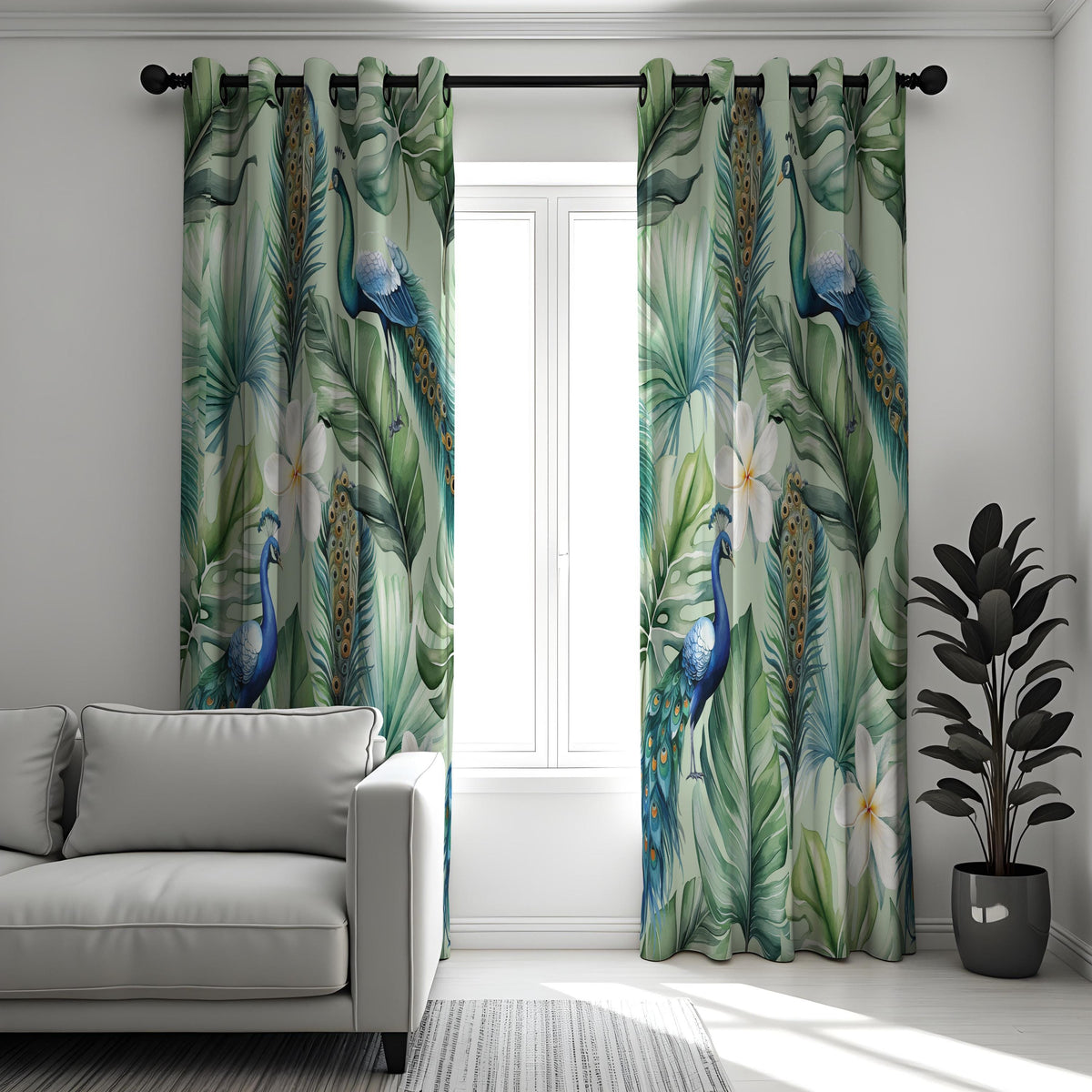 Tropical Peacock Curtains, Blue Bird & Jungle Leaf Drapes