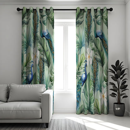 Tropical Peacock Curtains, Blue Bird & Jungle Leaf Drapes