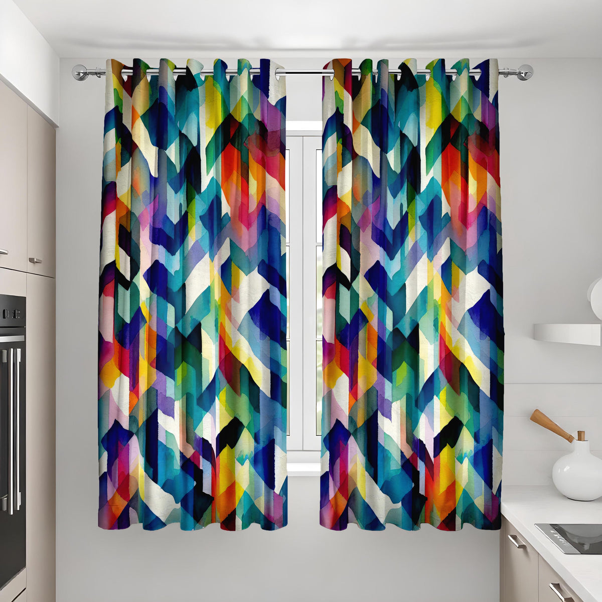 Rainbow Chevron Curtains, Colorful Abstract Geometric Drapes