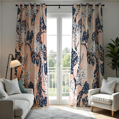 Blush Pink Tropical Curtains, Navy Leaf & Leopard Drapes