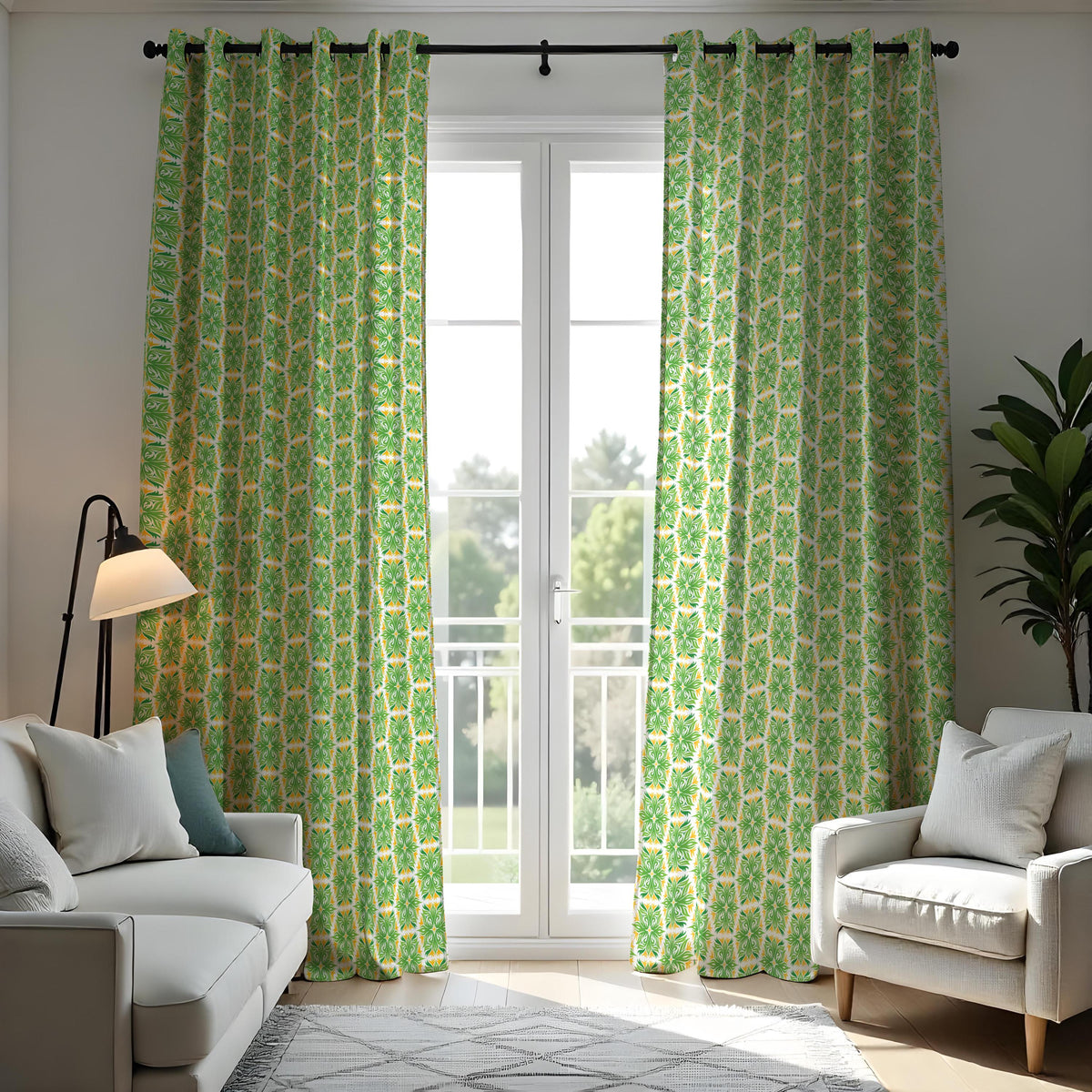 Green Tropical Leaf Curtains, Custom Eyelet Rod Pocket Drapes