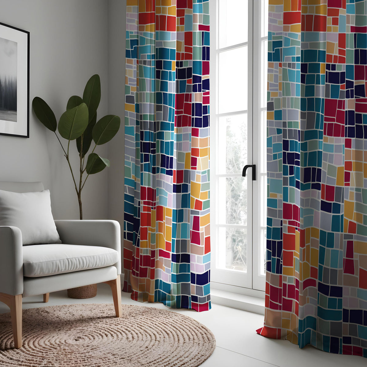 Colorful Grid Curtains, Art Deco Geometric Window Drapes