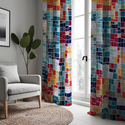 Colorful Grid Curtains, Art Deco Geometric Window Drapes