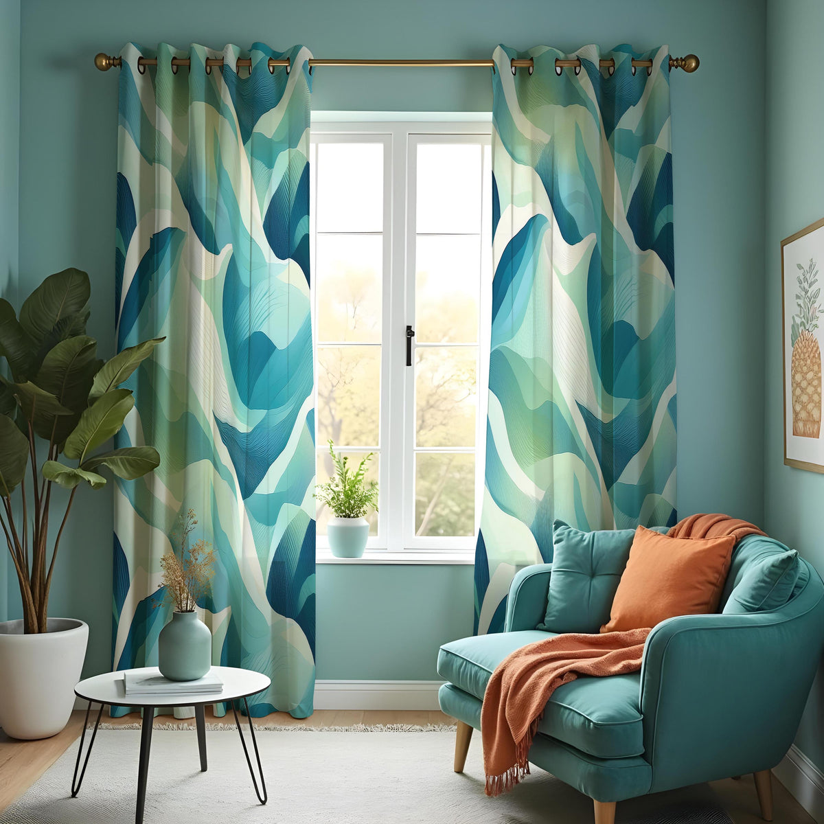 Teal Aqua Art Deco Wave Curtains, Ocean Geometric Drapes