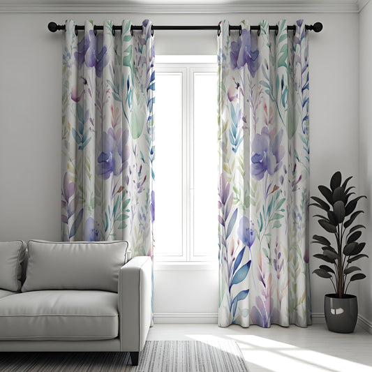 Pastel Watercolor Floral Curtains, Leaf & Flower Drapes