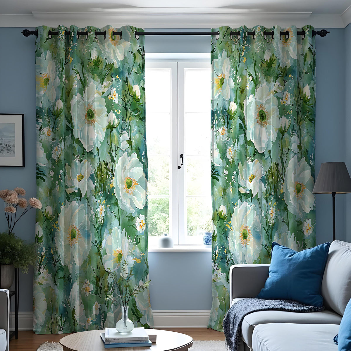 Teal Floral Curtains, Watercolor White Flower Drapes
