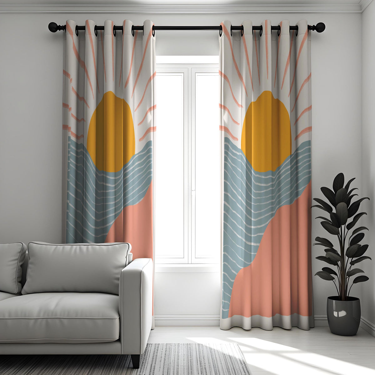 Boho Sunrise Landscape Curtains, Abstract Sun & Wave Drapes