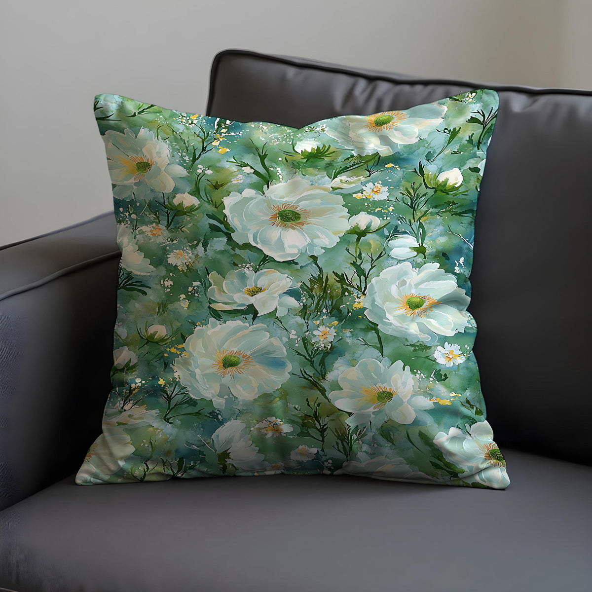 Green Floral Cushion Cover, White Flower Pillow Case