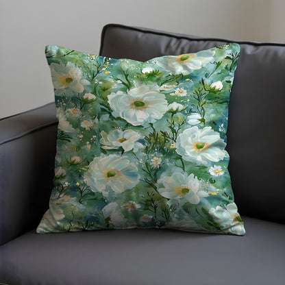 Green Floral Cushion Cover, White Flower Pillow Case