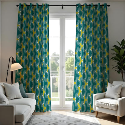 Teal Retro Geometric Curtains, Mid Century Modern Drapes