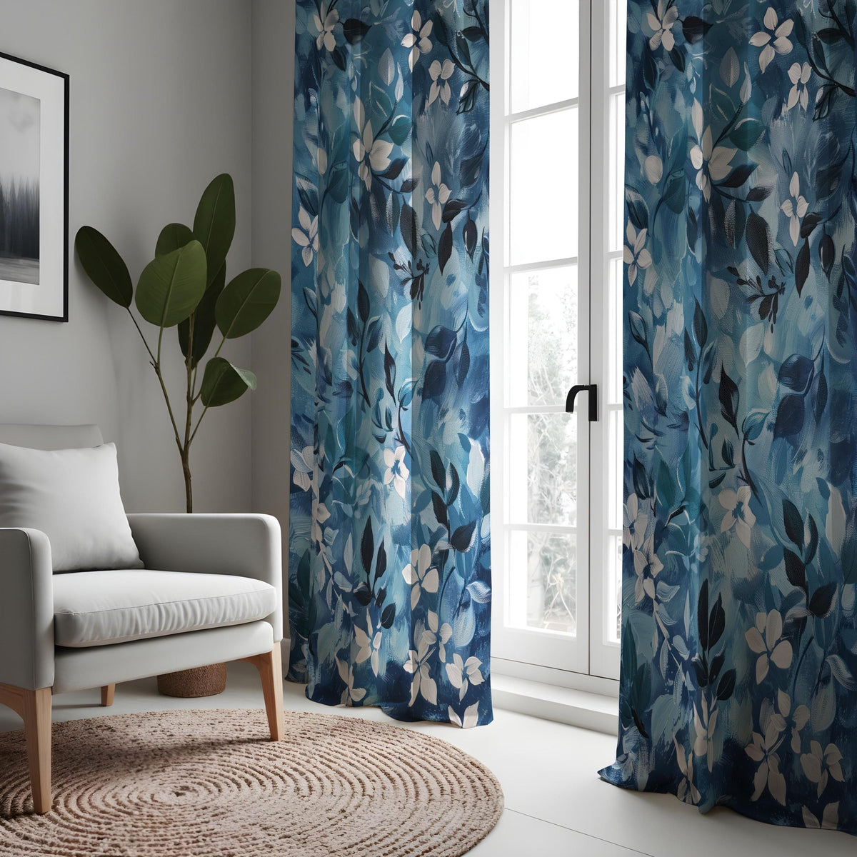 Navy Teal Botanical Leaf Curtains, Modern Custom Drapes