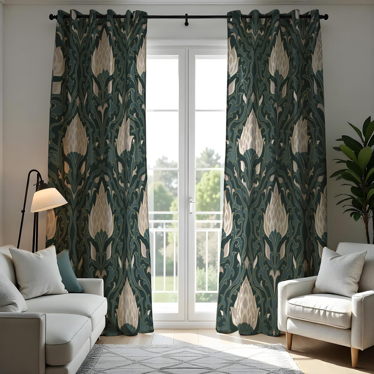 Dark Green Art Deco Curtains, Cream Floral Botanical Drapes