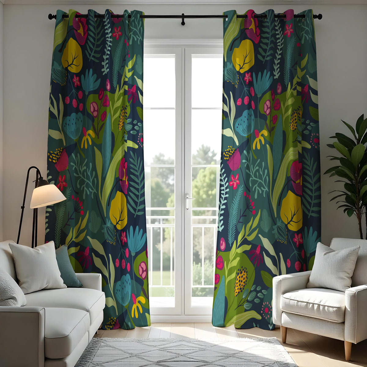 Teal Tropical Botanical Curtains, Jungle Leaf Floral Drapes