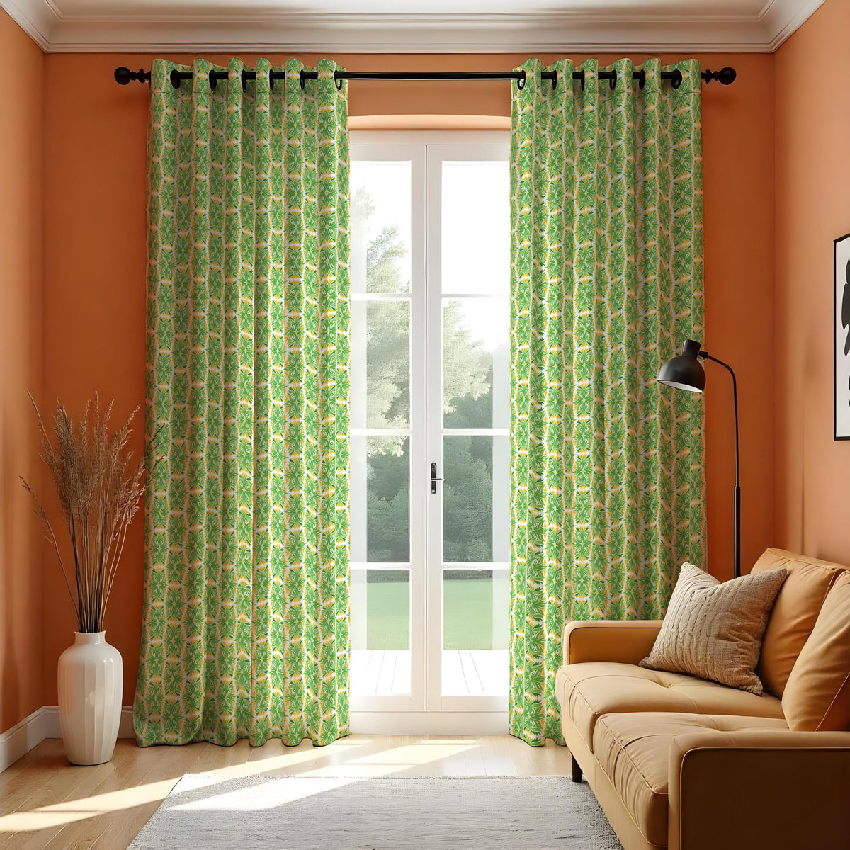 Green Tropical Leaf Curtains, Custom Eyelet Rod Pocket Drapes