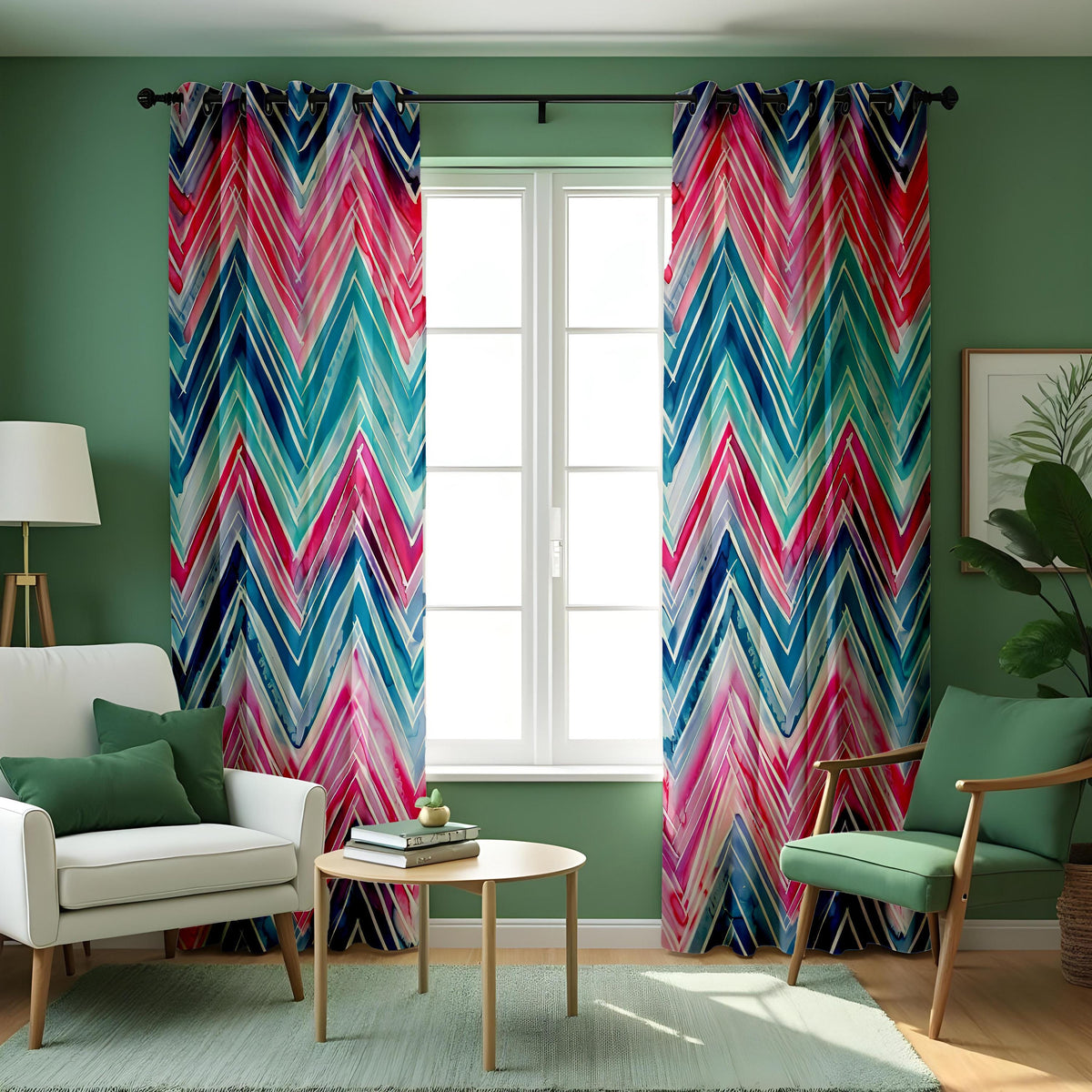 Pink Blue Teal Chevron Curtains, Watercolor Pattern Drapes