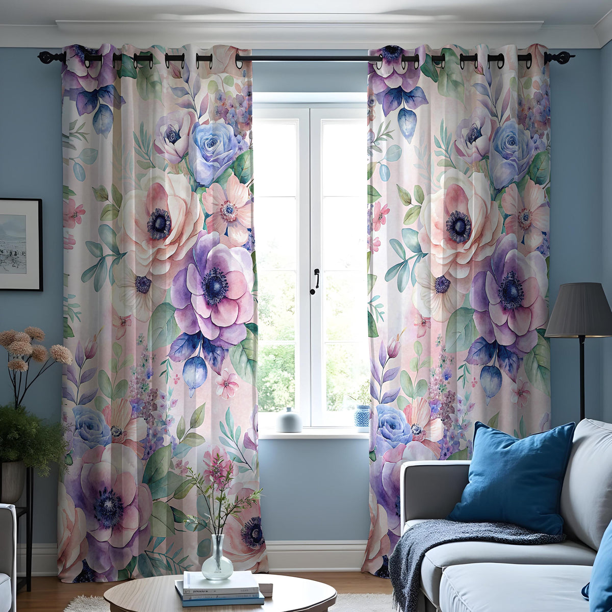 Purple & Blue Peony Curtains, Watercolor Floral Drapes