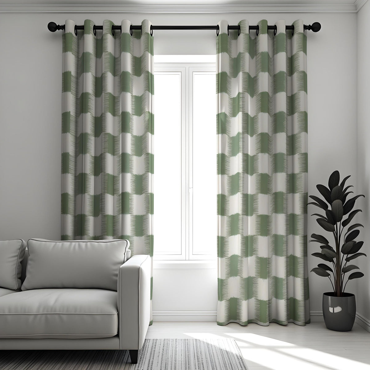 Green & Cream Geometric Block Curtains, Modern Drapes