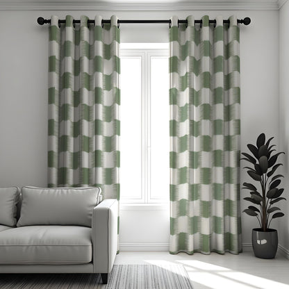 Green & Cream Geometric Block Curtains, Modern Drapes
