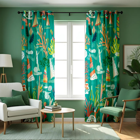 Turquoise Underwater Ocean Curtains, Coral & Seaweed Drapes