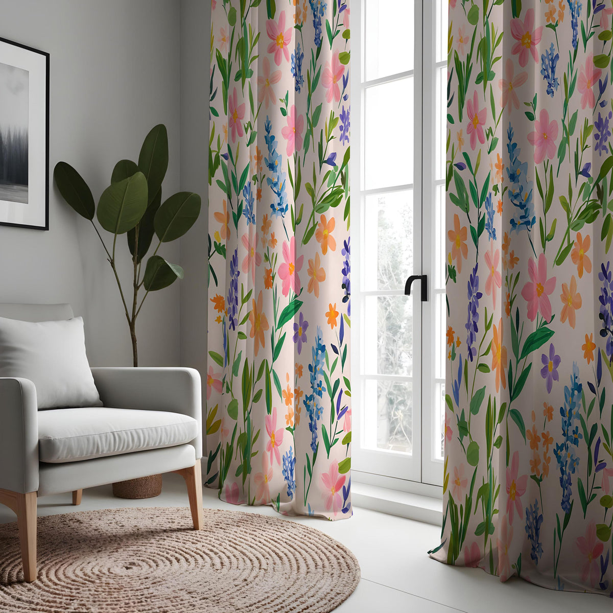 Pink & Blue Wildflower Curtains, Watercolor Botanical Drapes