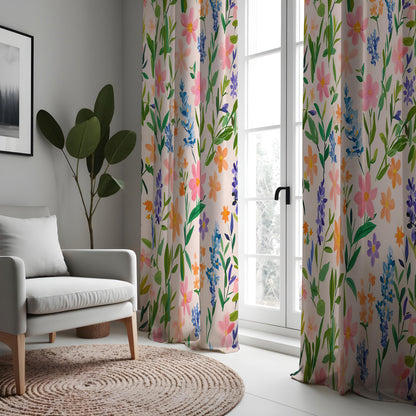 Pink & Blue Wildflower Curtains, Watercolor Botanical Drapes