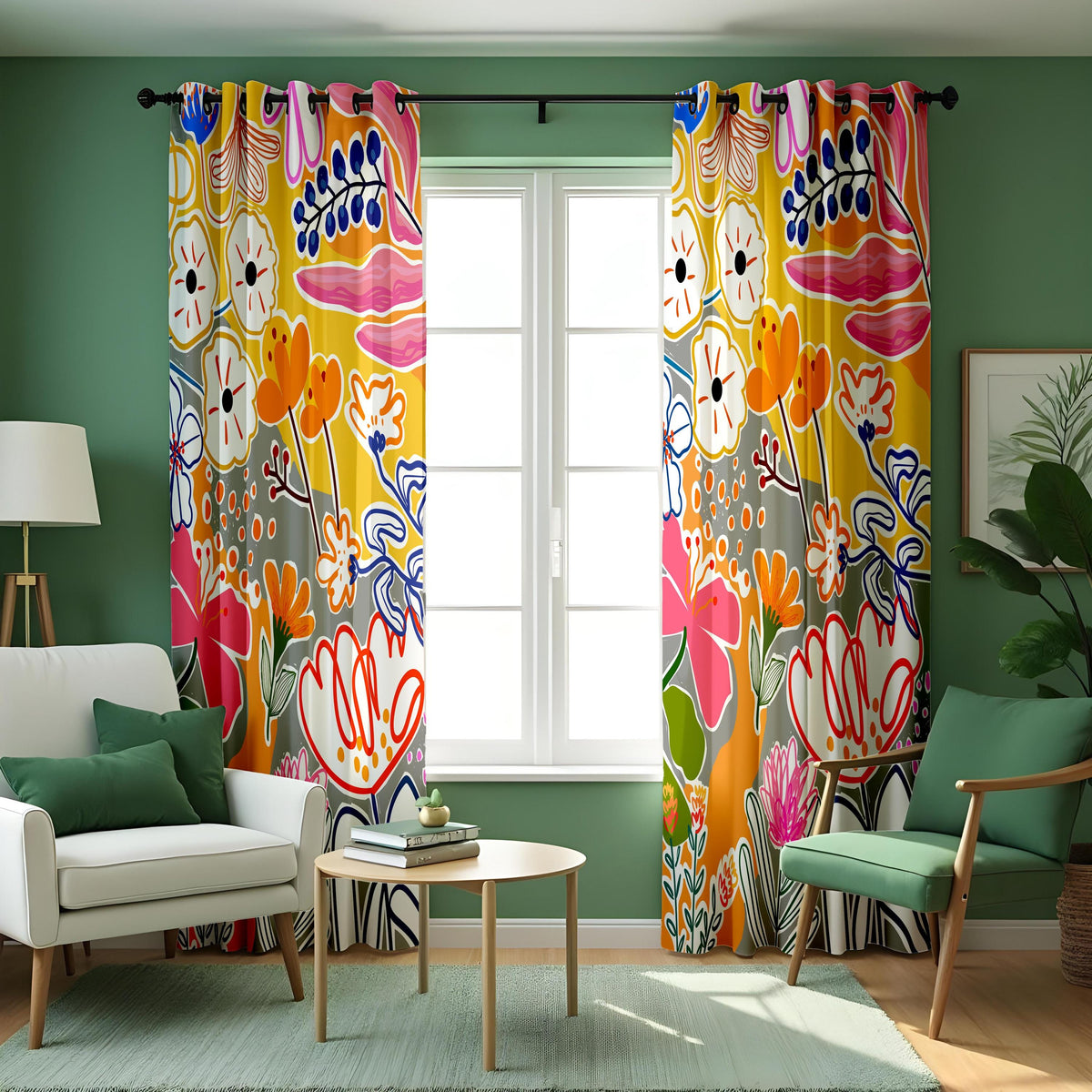 Bright Abstract Floral Curtains, Boho Art Print Drapes