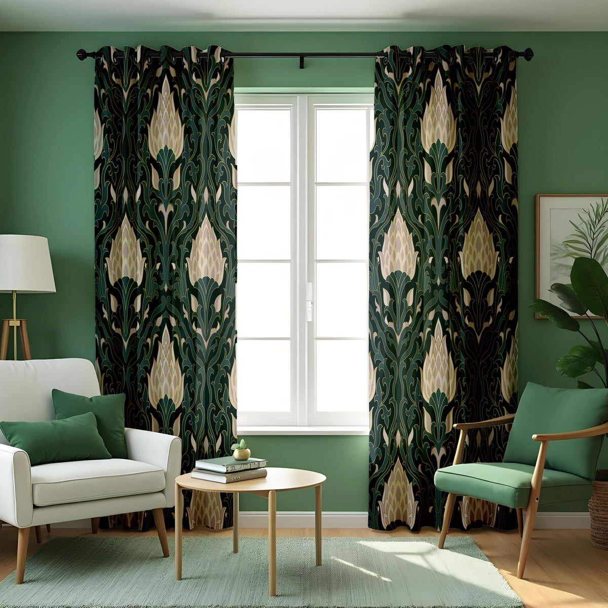 Dark Green Art Deco Curtains, Cream Floral Botanical Drapes