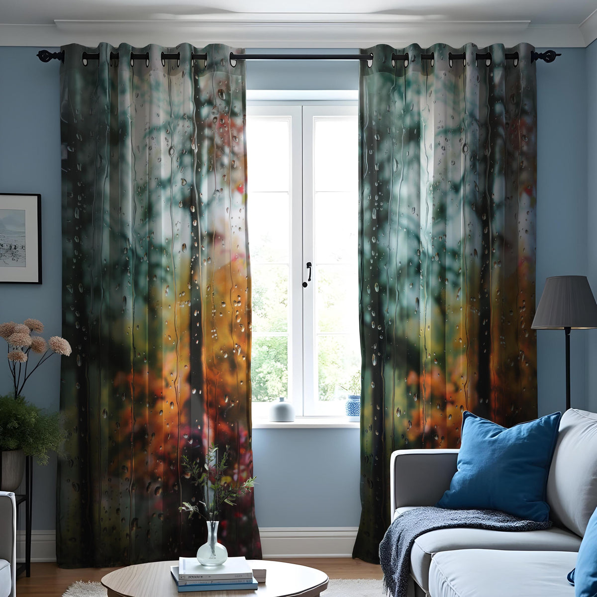 Rainy Window Autumn Forest Curtains, Nature Print Drapes