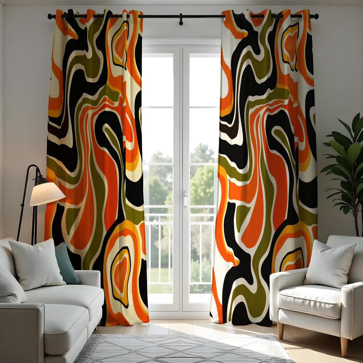 70s Retro Psychedelic Swirl Curtains, Orange Olive Drapes