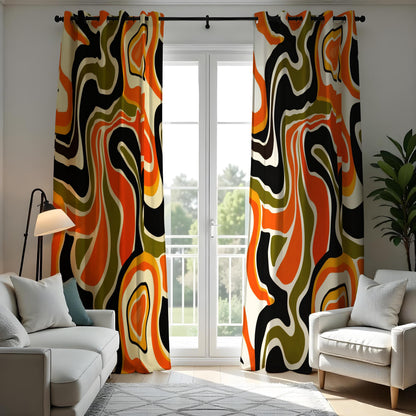 70s Retro Psychedelic Swirl Curtains, Orange Olive Drapes
