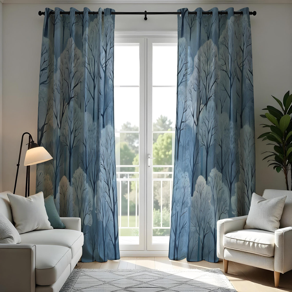 Blue Snowy Forest Curtains, Winter Woodland Tree Drapes