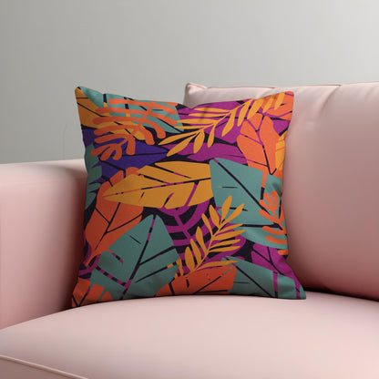 Tropical Leaf Cushion Cover, Orange & Green Botanical Print Pillow Case
