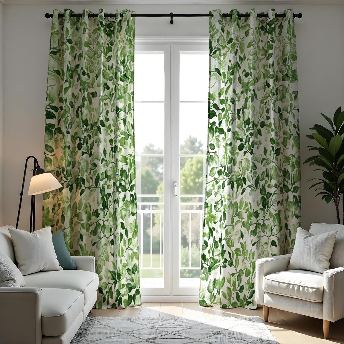 Green Leaf Botanical Curtains, Tropical Print Custom Drapes