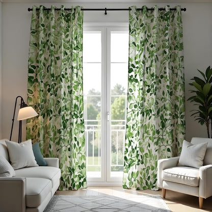 Green Leaf Botanical Curtains, Tropical Print Custom Drapes
