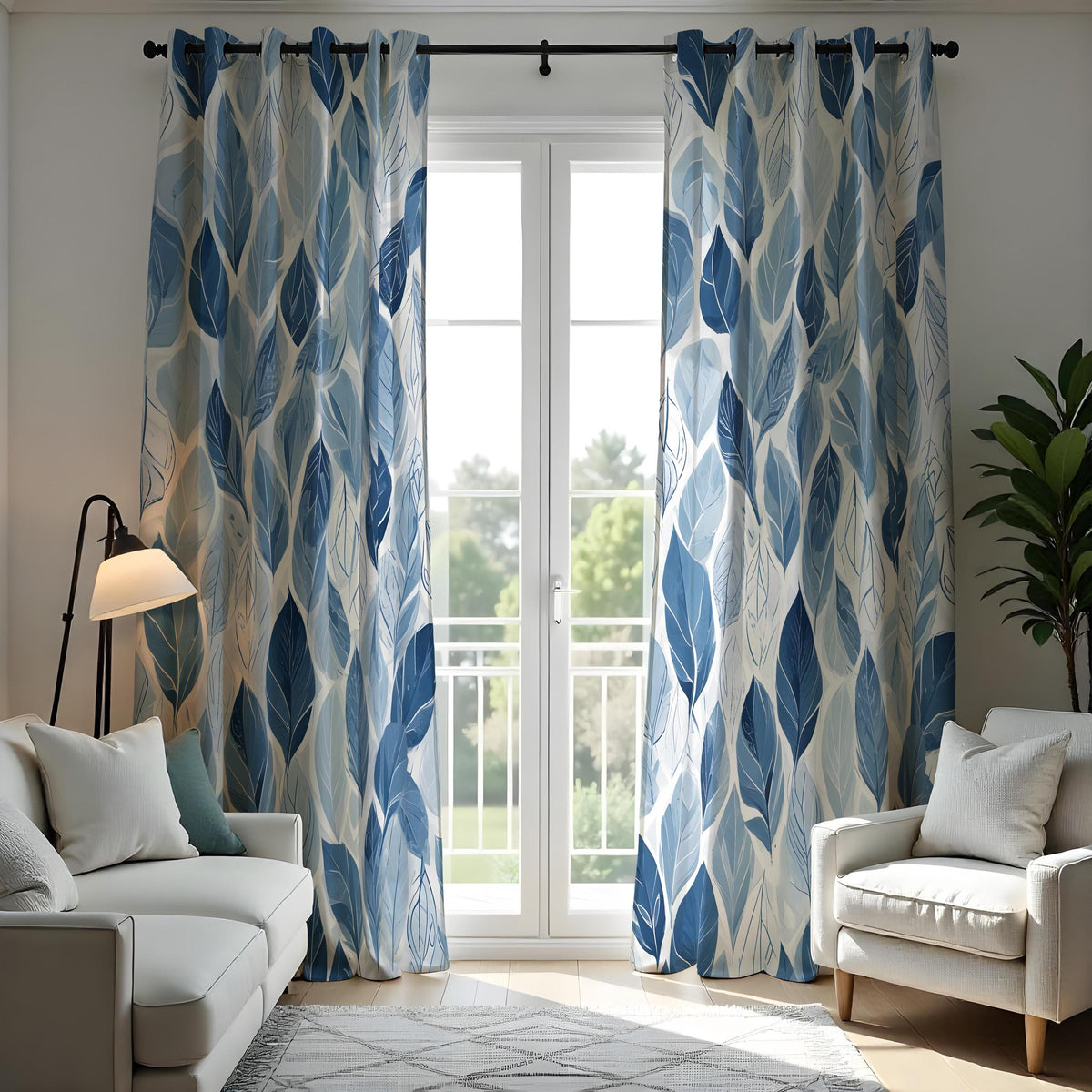 Blue Nature Leaf Curtains, Botanical Print Custom Drapes