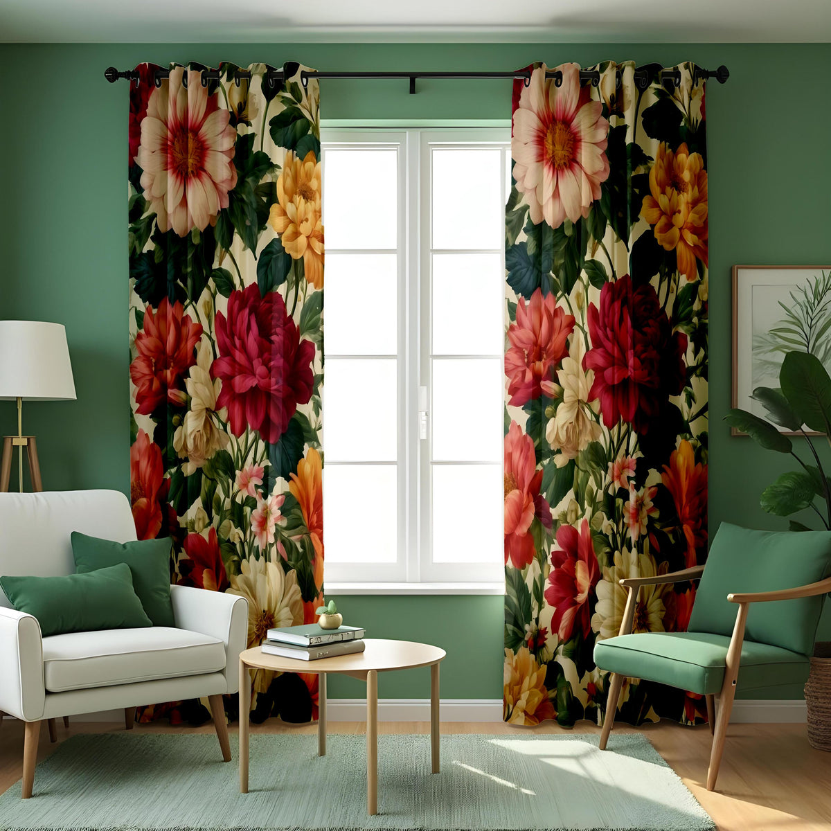 Dark Floral Curtains, Large Bloom Classic Botanical Drapes