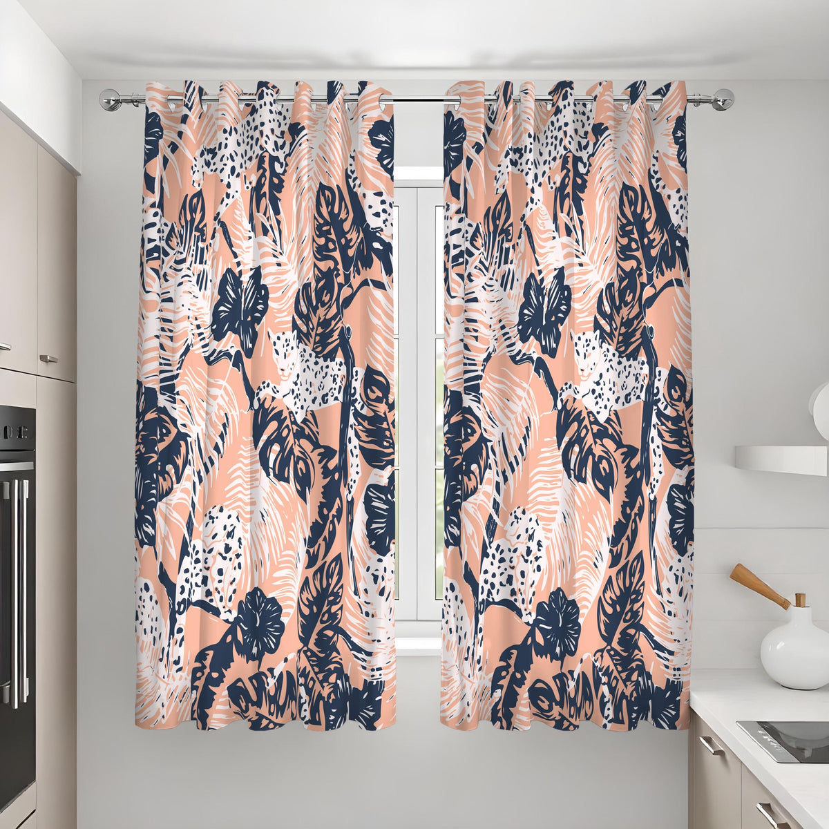 Blush Pink Tropical Curtains, Navy Leaf & Leopard Drapes