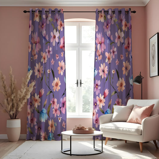 Purple Floral Curtains, Pink Peach Flower Botanical Drapes