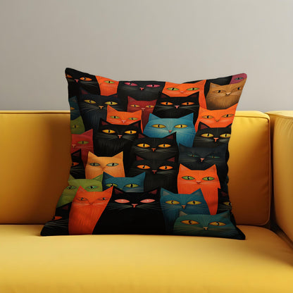Colorful Cat Faces Cushion Cover, Funky Black & Rainbow Cats Pillow Case
