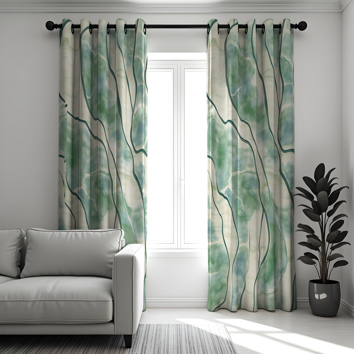 Green Watercolor Abstract Curtains, Artistic Custom Drapes