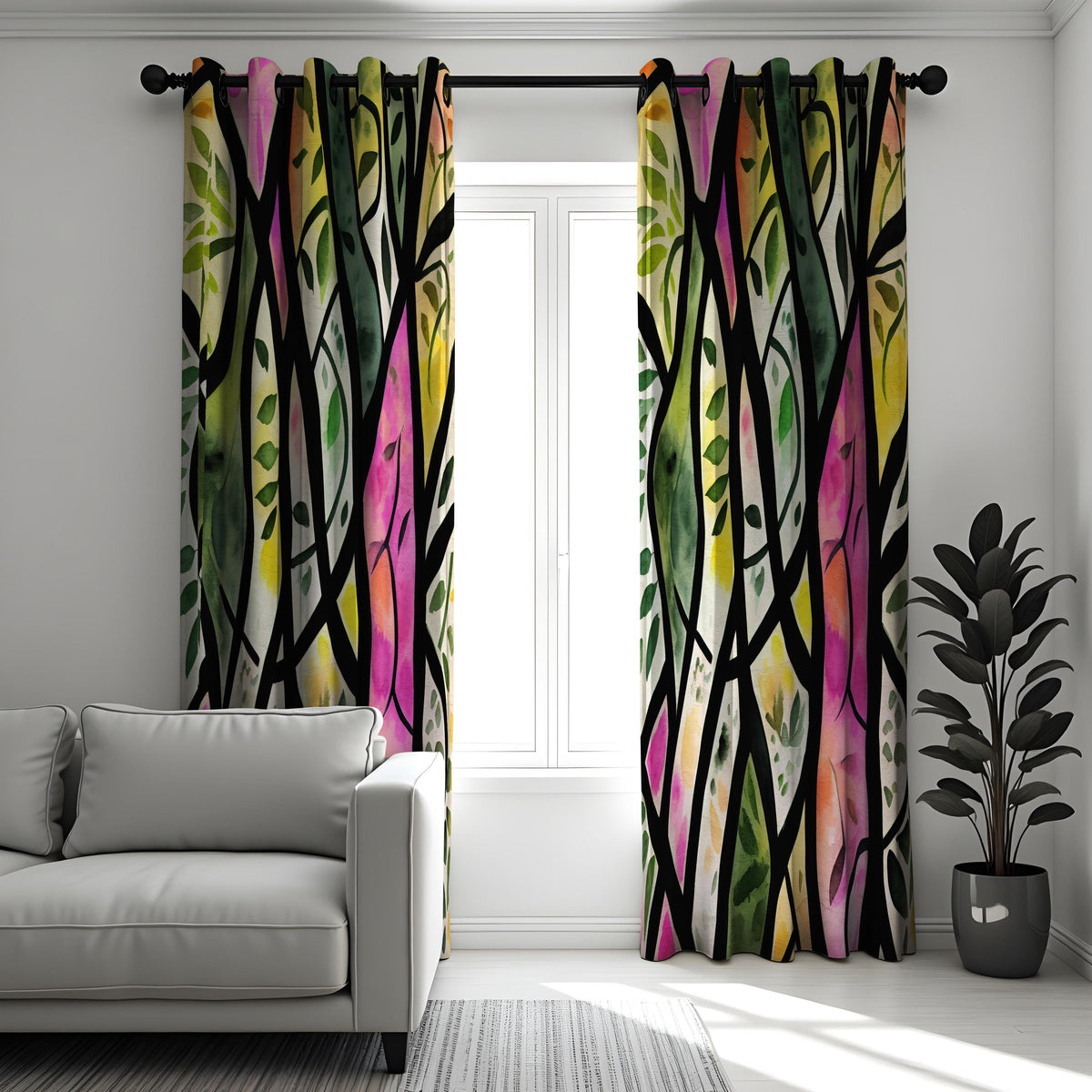 Stained Glass Forest Curtains, Colorful Tree & Leaf Drapes