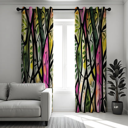 Stained Glass Forest Curtains, Colorful Tree & Leaf Drapes