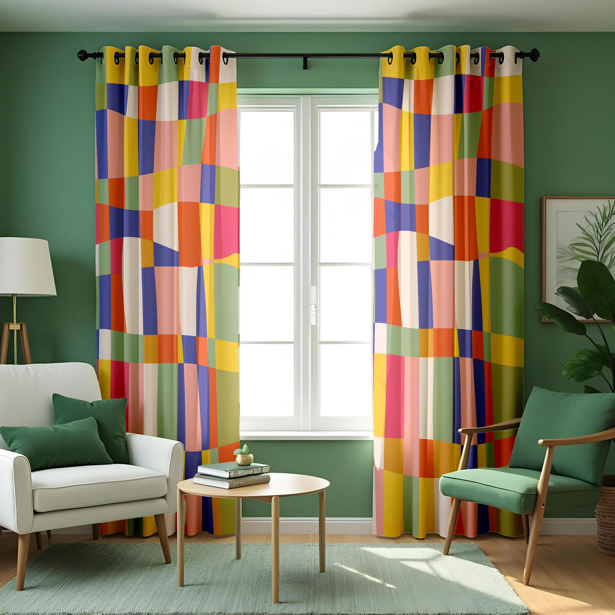 Rainbow Checkered Curtains, Colorful Kids Room Drapes