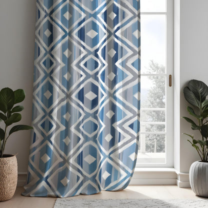 Blue Diamond Geometric Curtains, Coastal Modern Drapes