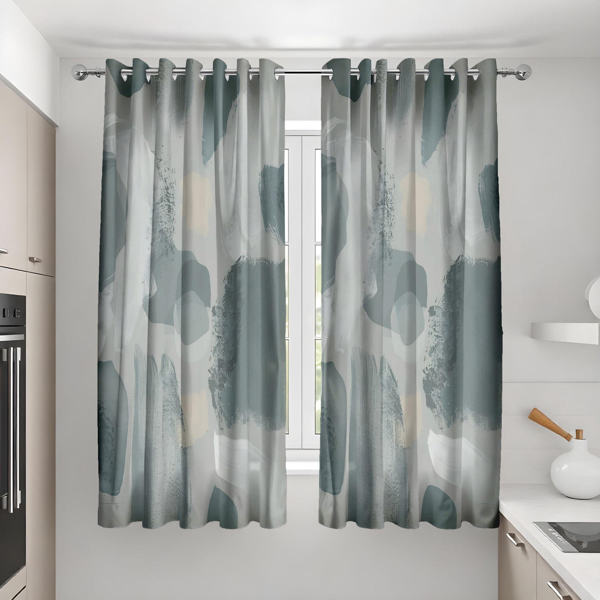 Grey Watercolor Curtains, Neutral Abstract Window Drapes