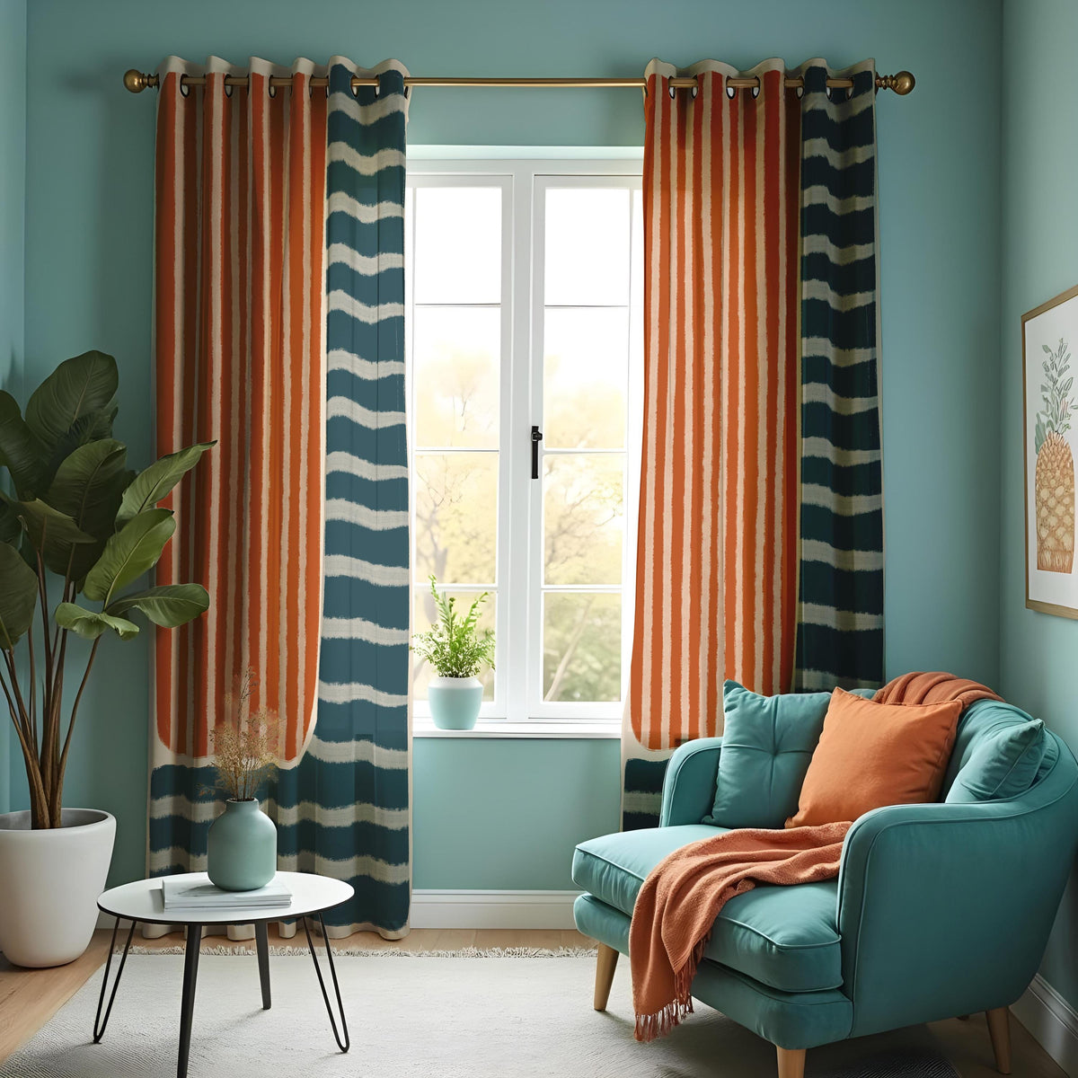 Rust Orange & Teal Stripe Curtains, Modern Boho Drapes