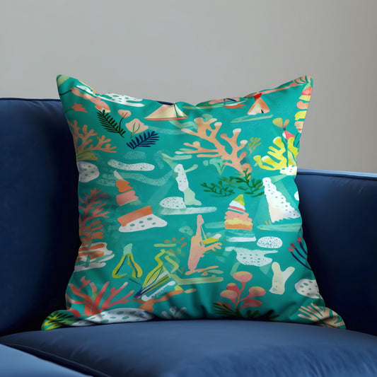 Teal Coral Reef Cushion Cover, Ocean Throw Pillow Case