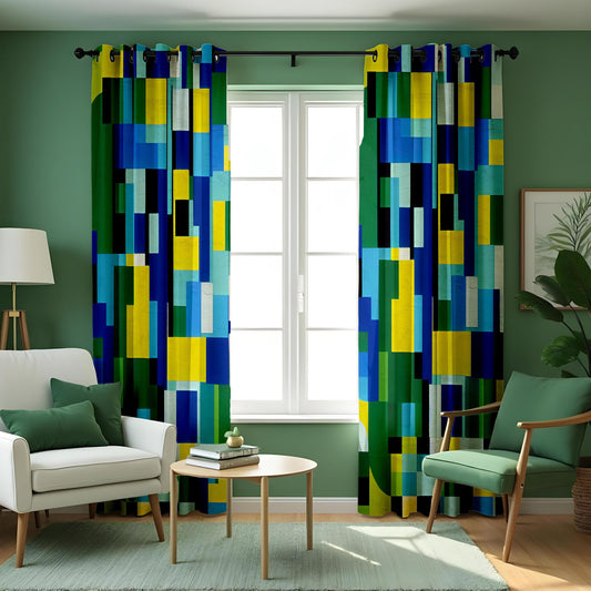 Blue Green Yellow Color Block Curtains, Geometric Drapes
