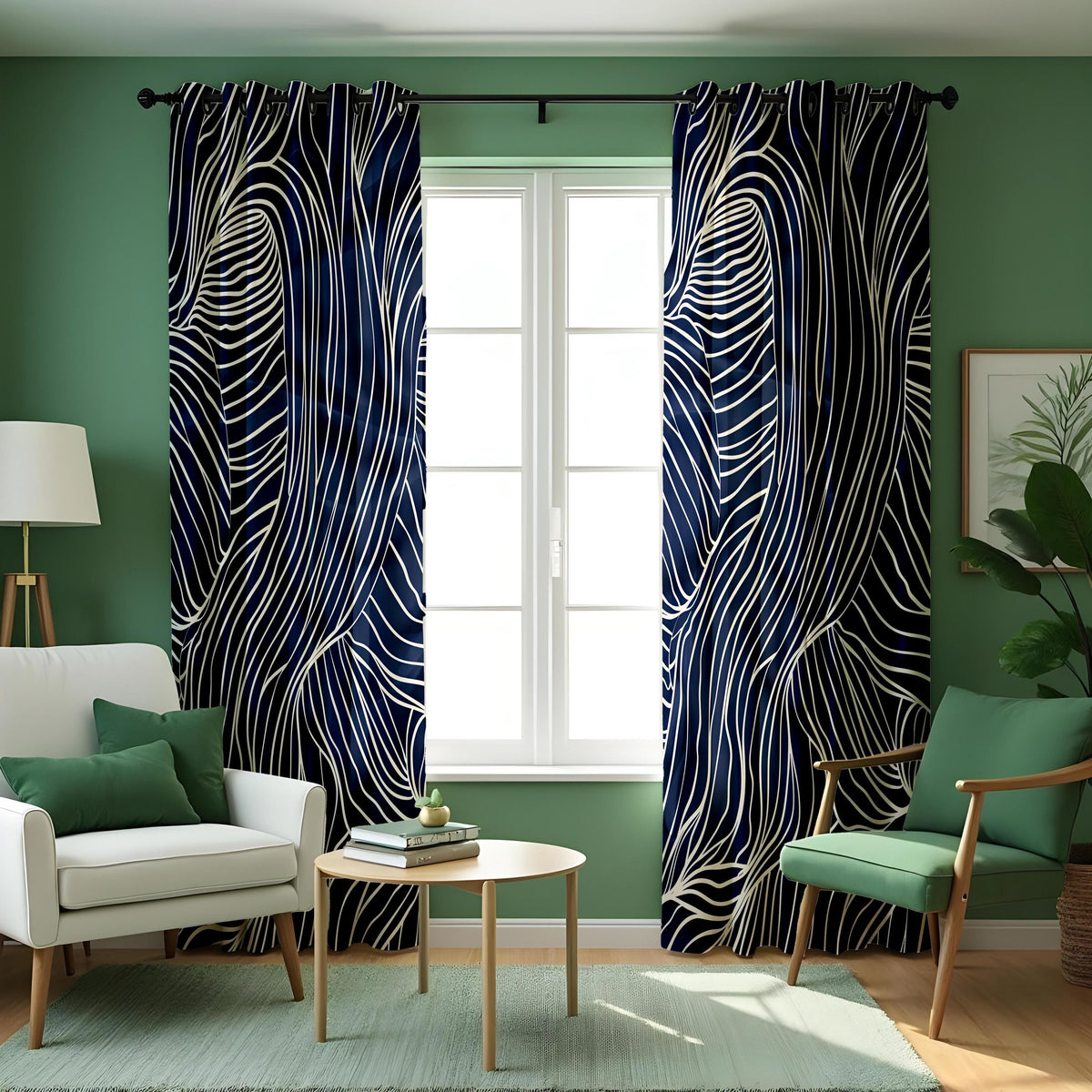 Navy Blue Wavy Line Curtains, Minimalist Abstract Drapes