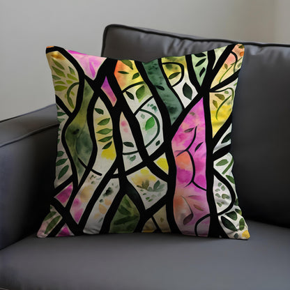 Stained Glass Leaf Cushion Cover, Colorful Tree Branch Pillow Cover